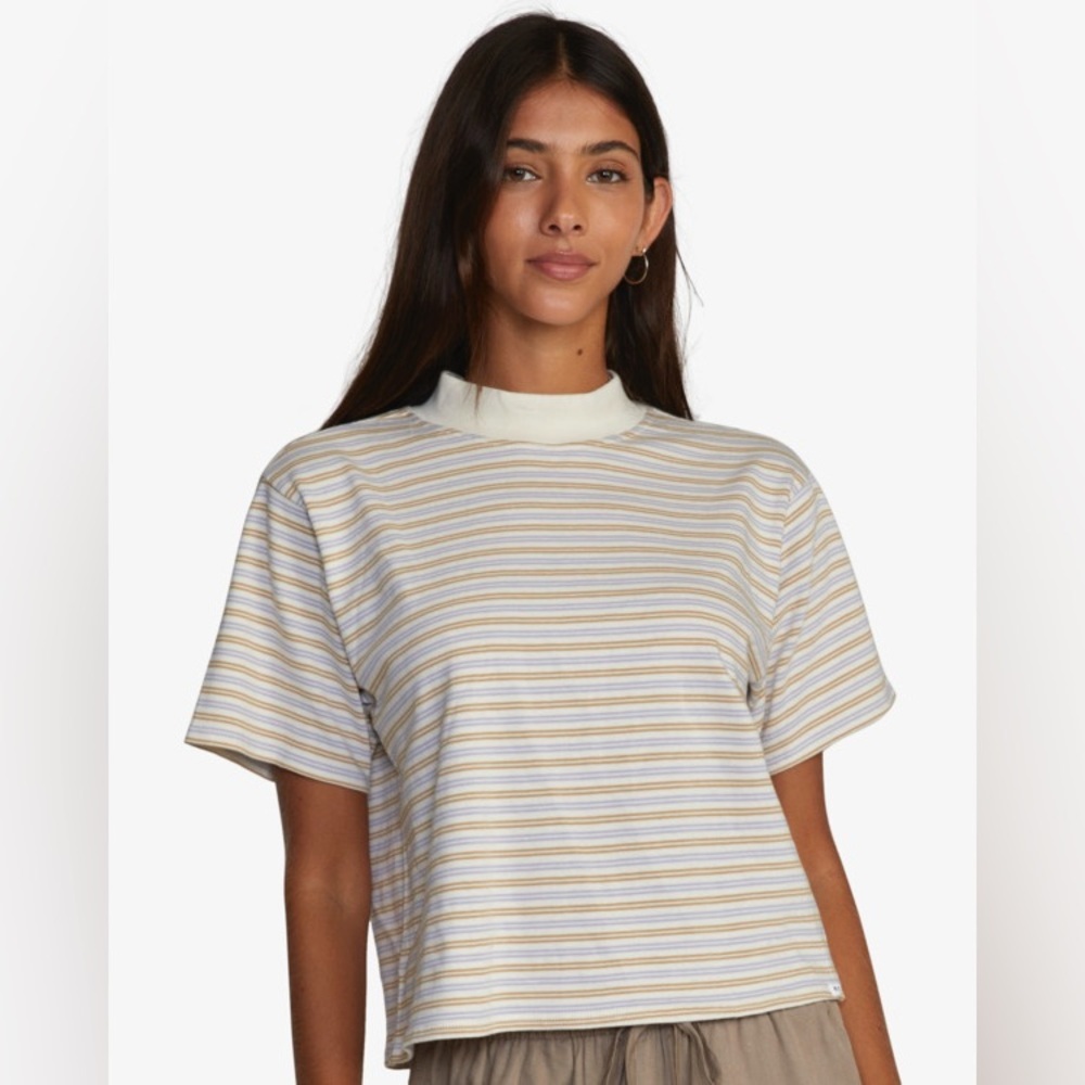 RVCA SELECTS | mock neck boxy cotton striped tee | size large